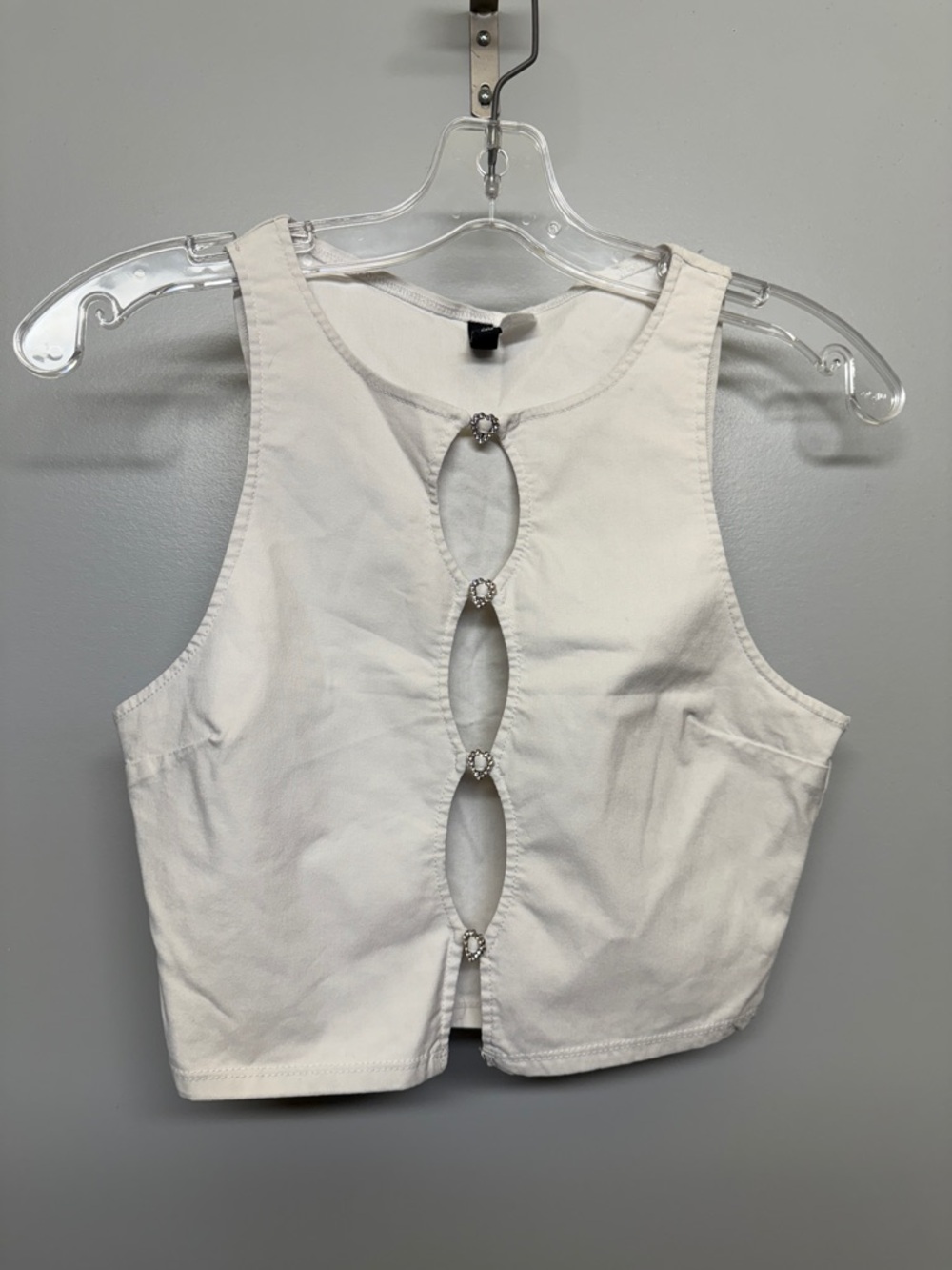 Divided White Crop Top with Heart Gem Cutouts